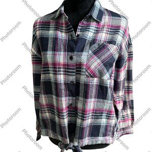 BTC Medium Blue & Purple Plaid Flannel Long Sleeve Tie Waist Button Shirt